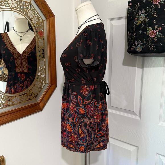Apt 9 Black & Orange Multicolor Floral Boho Paisley V Neck Top w Waist Ties S - Picture 3 of 7